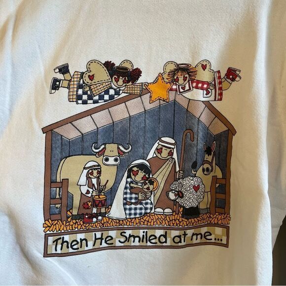 ✨ Vintage Fruit of the Loom White Baby Jesus Sweatshirt Large - Picture 2 of 11